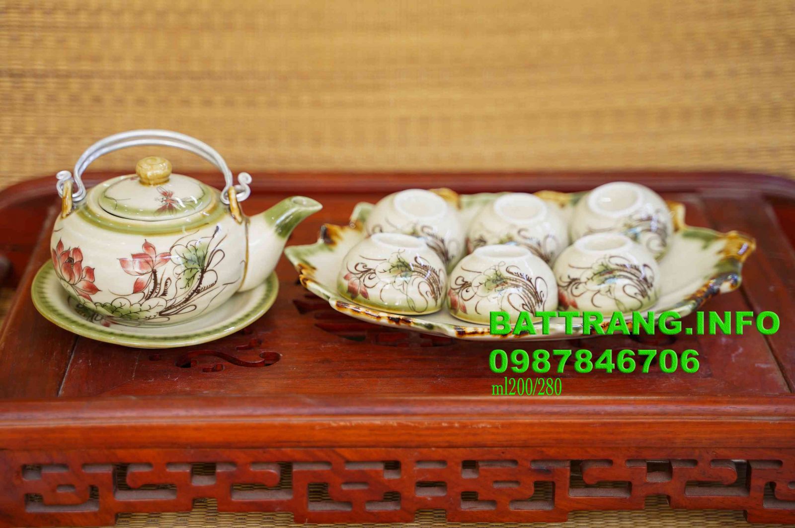 HV3- Bộ ấm chén dáng nhật khay lá gai vẽ sen đỏ cao cấp BátTràng